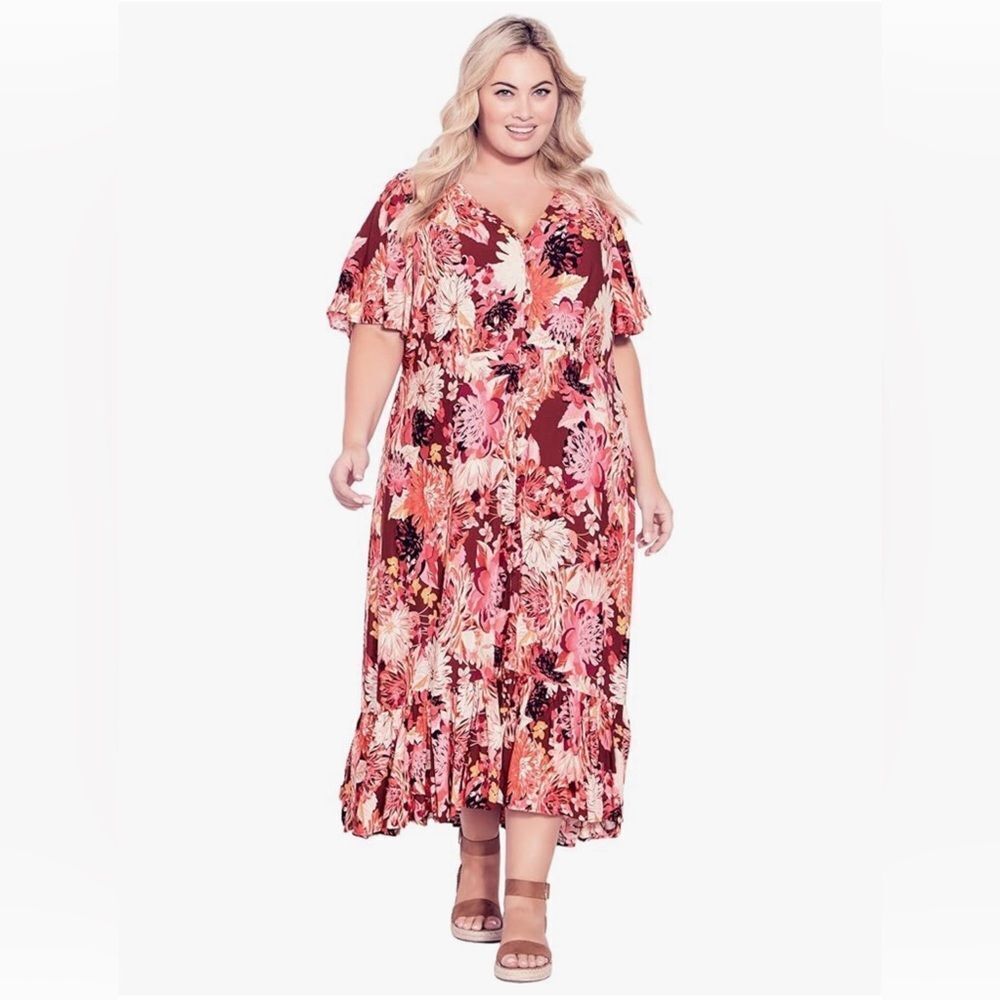 Avenue Women's Plus Size Sasha Flutter Sleeve Maxi Dress NEW 26/28 Pink Dahlia